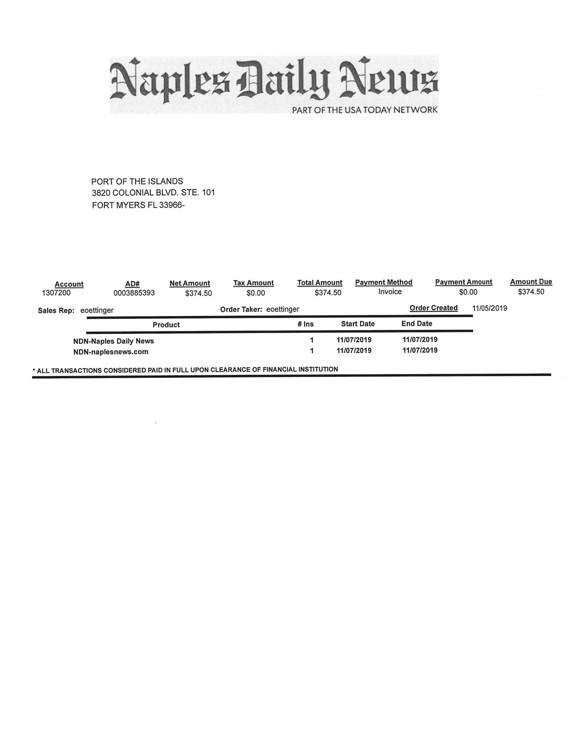 Naples Daily News receipt for Port of the Islands notice of closed session
